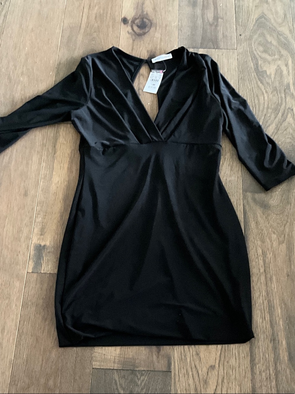 Body Central Black V-Neck Mini Dress with Three-Quarter Sleeves